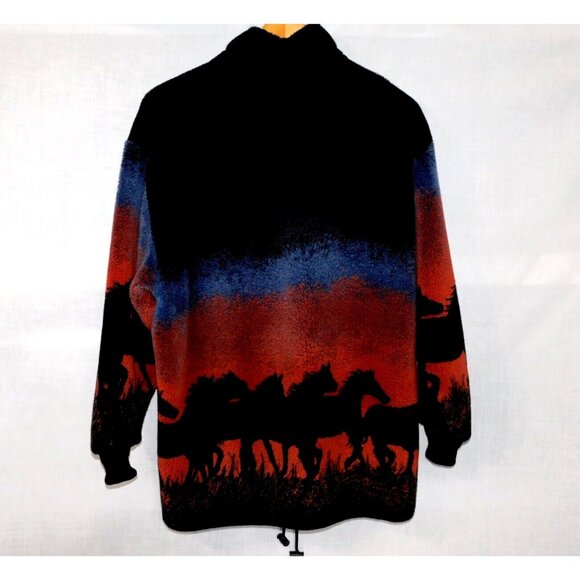 VTG 90s Unisex Adult XL Full Zip Plush Fleece Jacket Sunset running Wild Horses - Picture 4 of 7